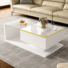 90cm High-Gloss White Coffee Table with Glass & LED Lighting