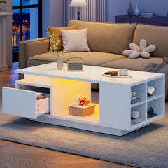 High-Gloss Coffee Table – LED Lights, Drawer & Open Storage