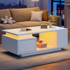 High-Gloss Coffee Table – LED Lights, Drawer & Open Storage