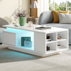 High-Gloss Coffee Table – LED Lights, Drawer & Open Storage