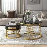 2-in-1 Round Coffee Table Set – Marble Effect Top, Rattan Drawers & Gold Legs