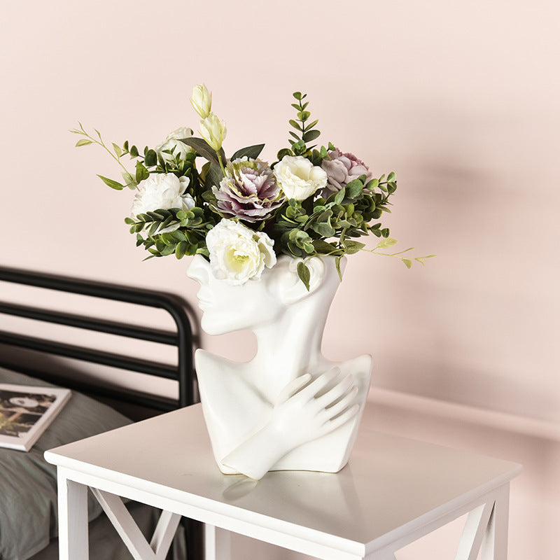 Nordic Human Head Vase – Modern Portrait Resin Flower Vase