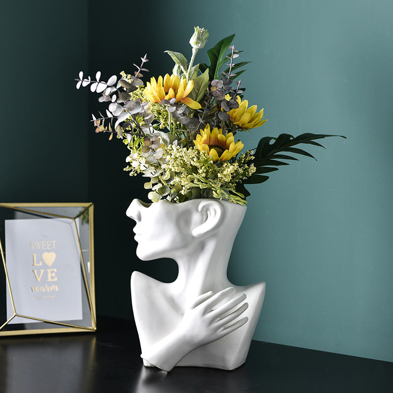 Nordic Human Head Vase – Modern Portrait Resin Flower Vase