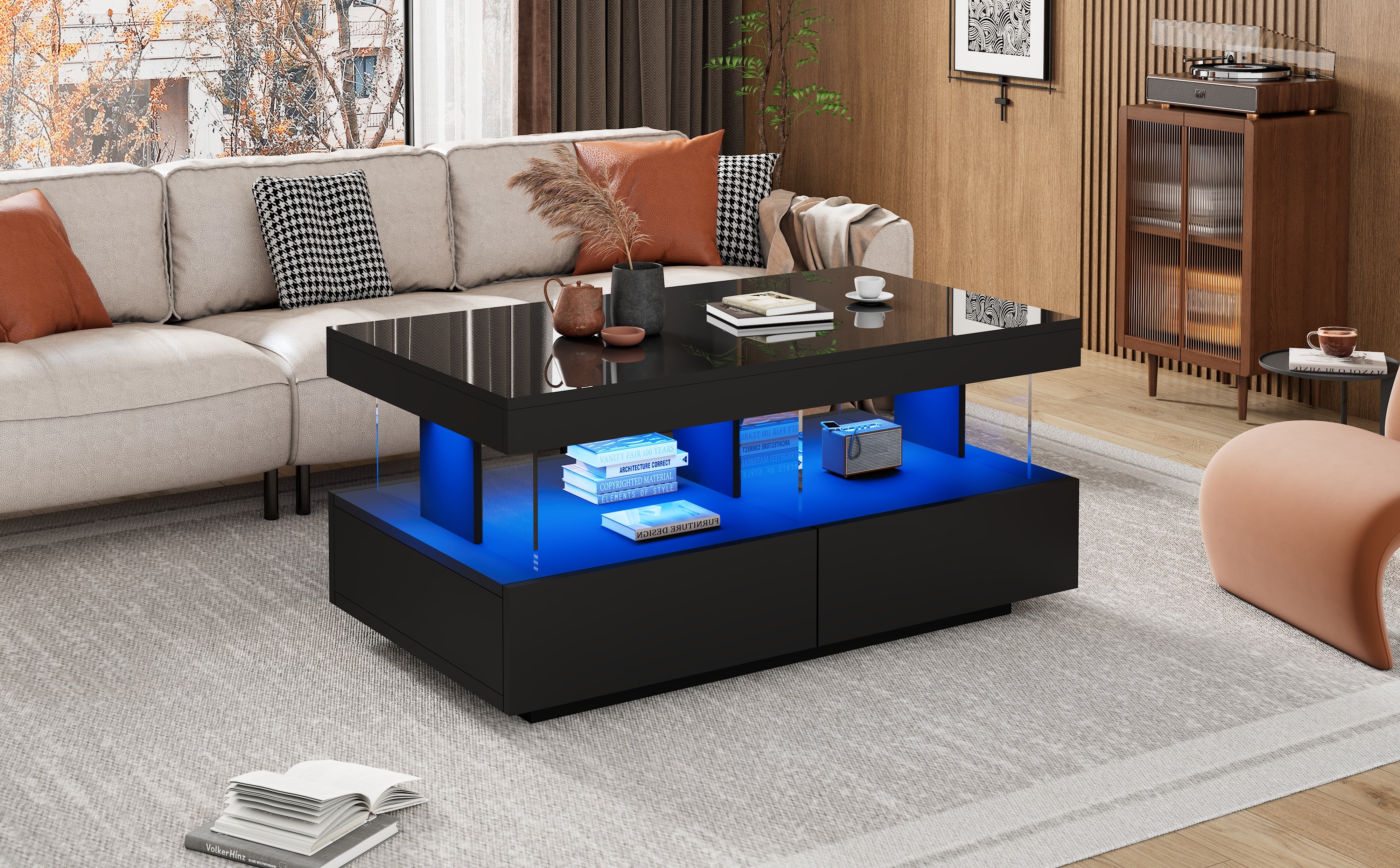 Coffee Table For Living Room, High Gloss Tea Table With LED Lights