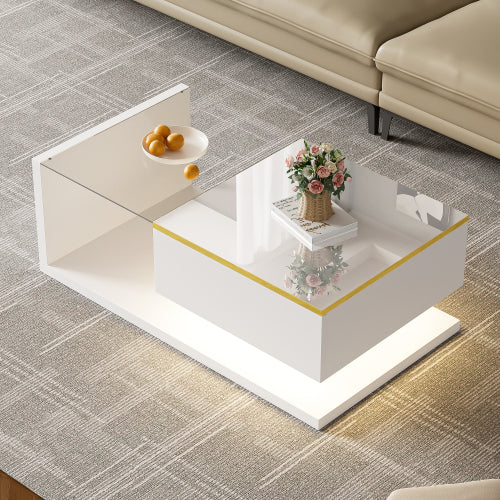 90cm High-Gloss White Coffee Table with Glass & LED Lighting