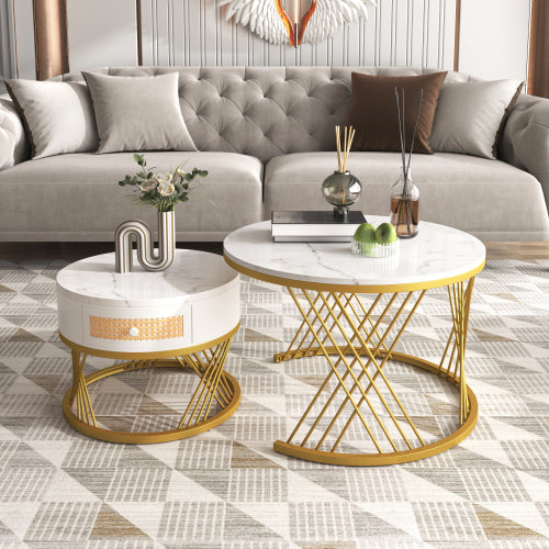 2-in-1 Round Coffee Table Set – Marble Effect Top, Rattan Drawers & Gold Legs