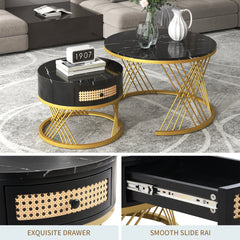 2-in-1 Round Coffee Table Set – Marble Effect Top, Rattan Drawers & Gold Legs