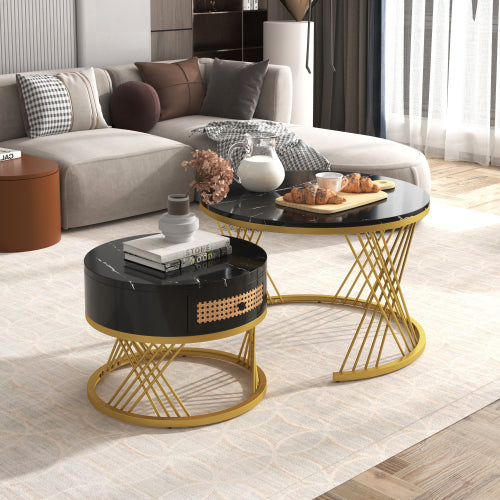2-in-1 Round Coffee Table Set – Marble Effect Top, Rattan Drawers & Gold Legs