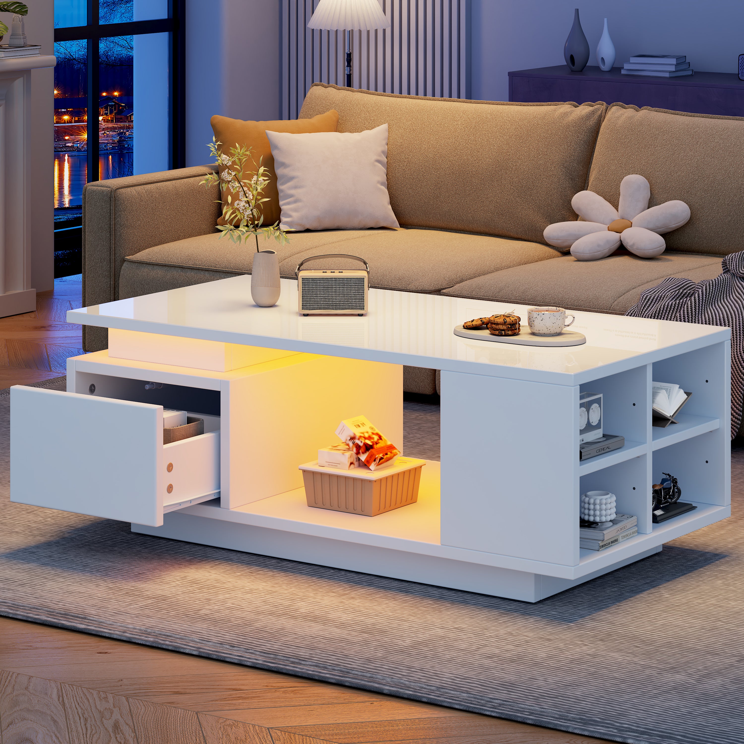 High-Gloss Coffee Table – LED Lights, Drawer & Open Storage