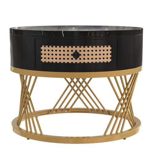 2-in-1 Round Coffee Table Set – Marble Effect Top, Rattan Drawers & Gold Legs