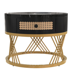 2-in-1 Round Coffee Table Set – Marble Effect Top, Rattan Drawers & Gold Legs