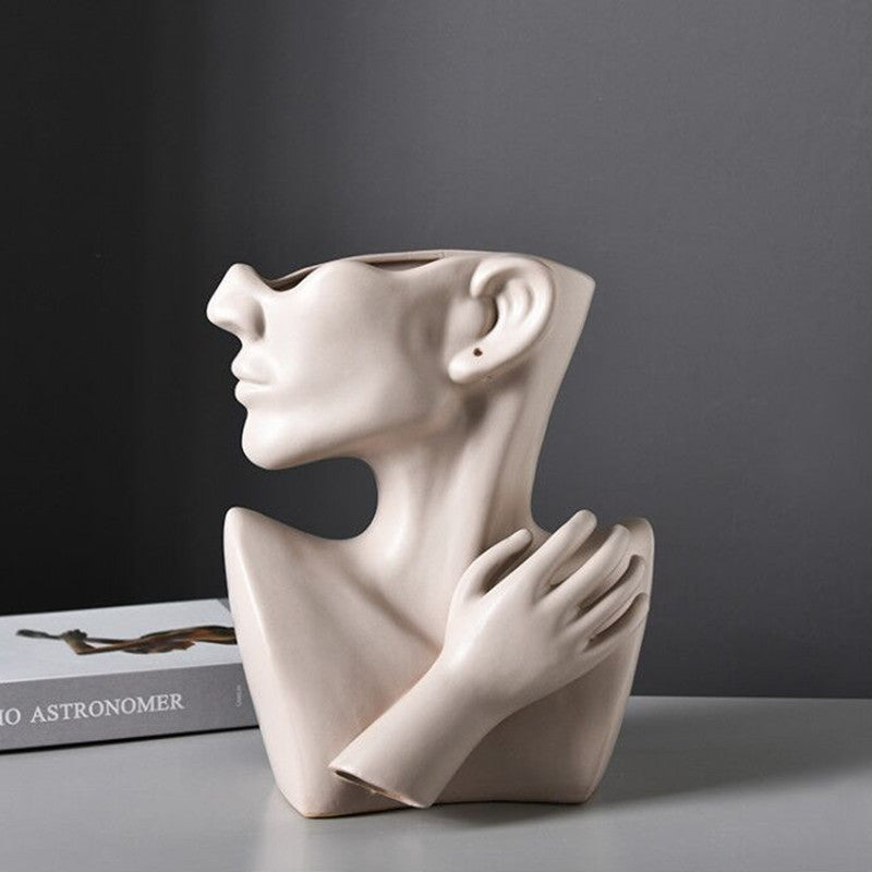 Nordic Human Head Vase – Modern Portrait Resin Flower Vase