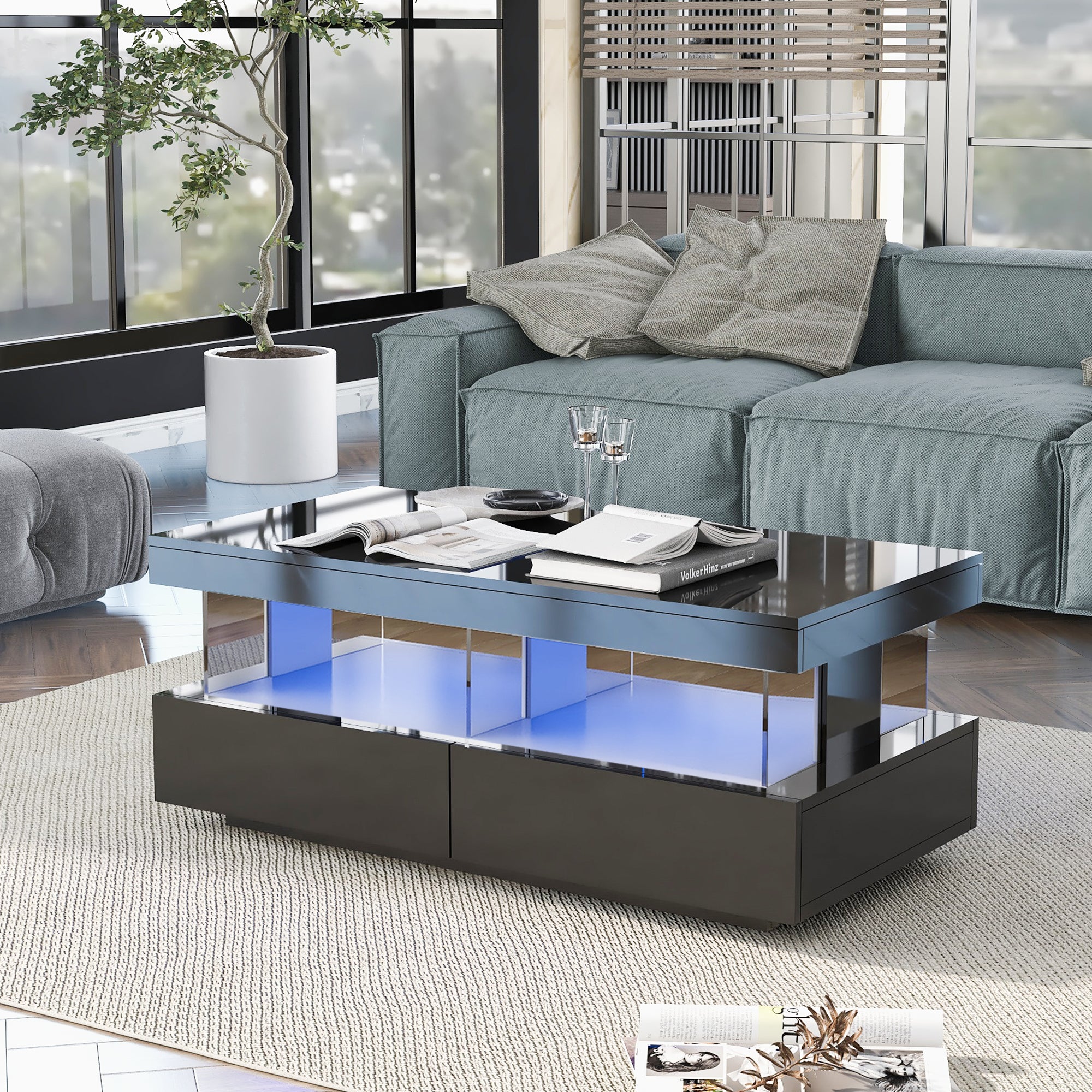Coffee Table For Living Room, High Gloss Tea Table With LED Lights