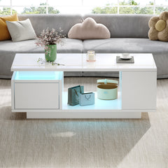 High-Gloss Coffee Table – LED Lights, Drawer & Open Storage