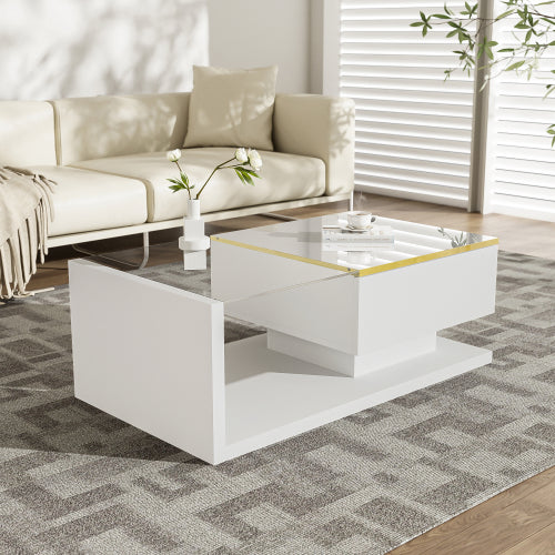 90cm High-Gloss White Coffee Table with Glass & LED Lighting