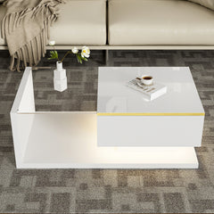 90cm High-Gloss White Coffee Table with Glass & LED Lighting