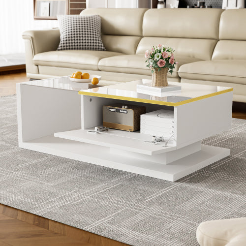 90cm High-Gloss White Coffee Table with Glass & LED Lighting