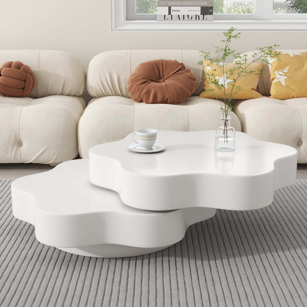 Flower-Shaped Coffee Table – Rotating Top with Double-Layer Storage