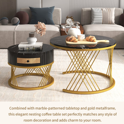 2-in-1 Round Coffee Table Set – Marble Effect Top, Rattan Drawers & Gold Legs