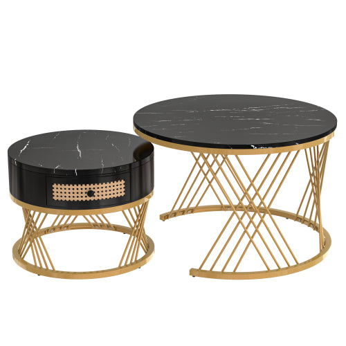 2-in-1 Round Coffee Table Set – Marble Effect Top, Rattan Drawers & Gold Legs