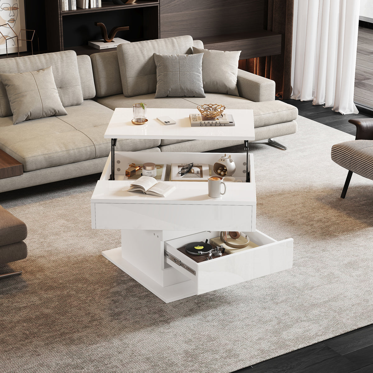 360° Rotating Lift-Top Coffee Table – High-Gloss with Drawer