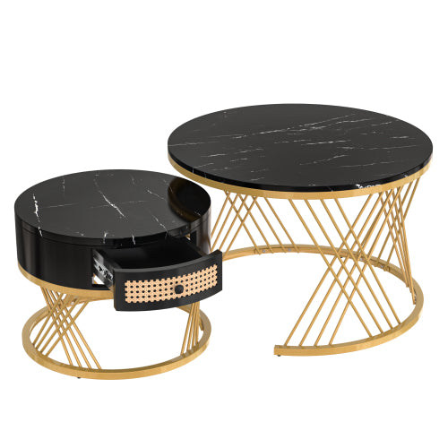 2-in-1 Round Coffee Table Set – Marble Effect Top, Rattan Drawers & Gold Legs