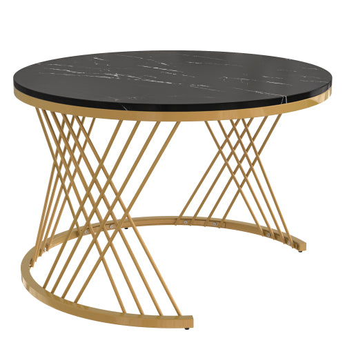 2-in-1 Round Coffee Table Set – Marble Effect Top, Rattan Drawers & Gold Legs