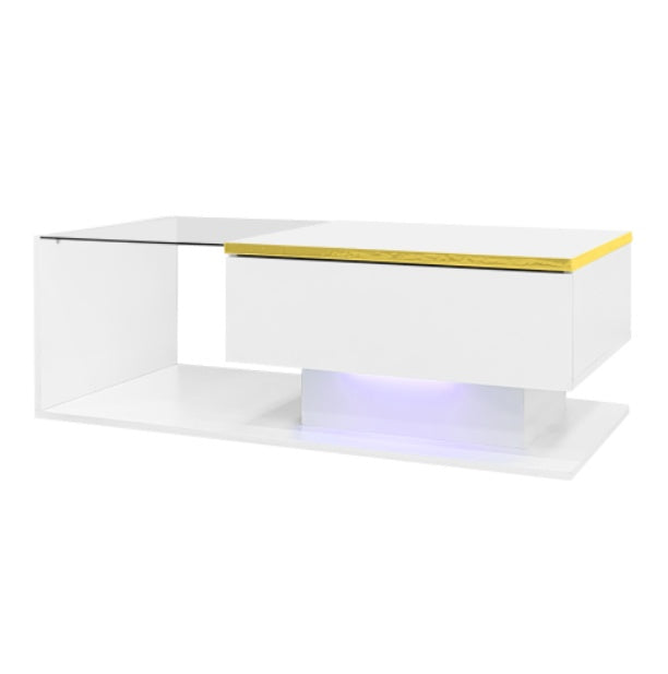 90cm High-Gloss White Coffee Table with Glass & LED Lighting