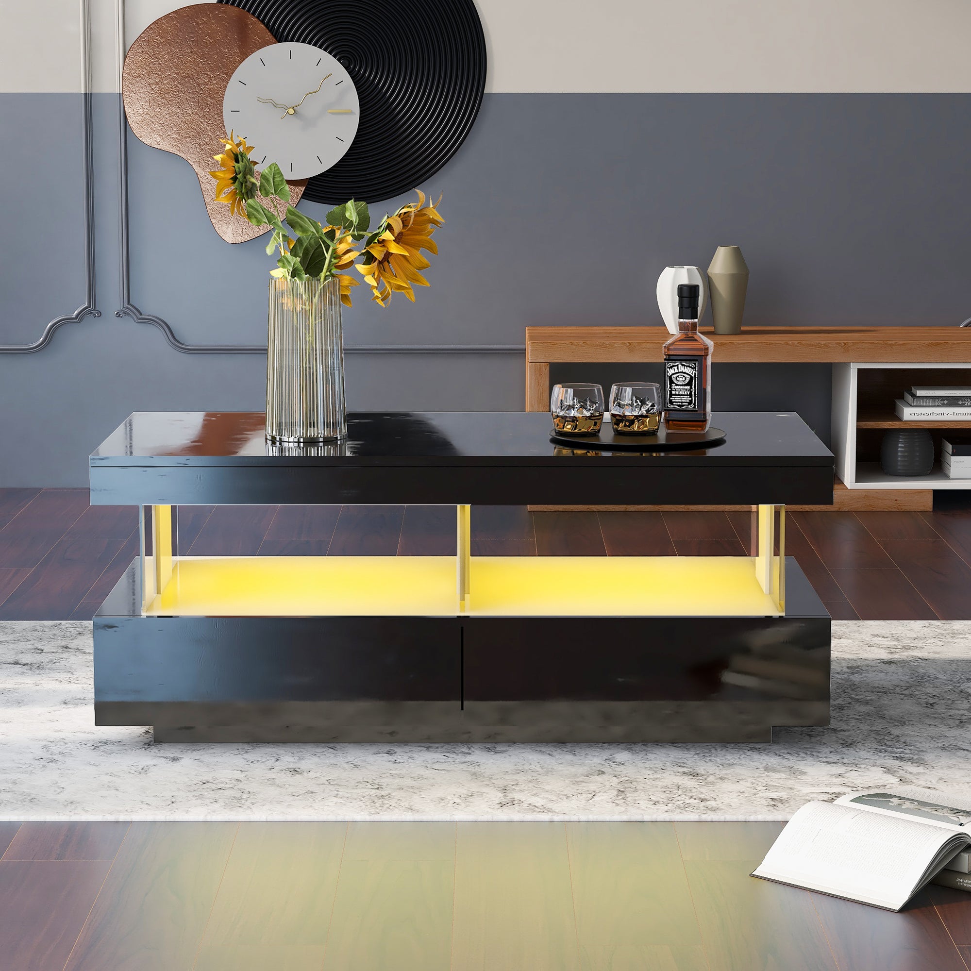 Coffee Table For Living Room, High Gloss Tea Table With LED Lights
