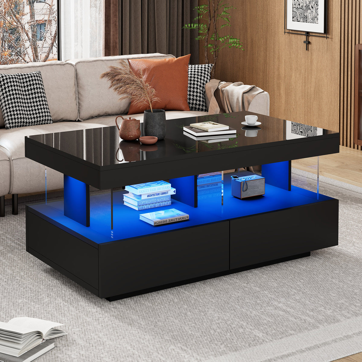 Coffee Table For Living Room, High Gloss Tea Table With LED Lights