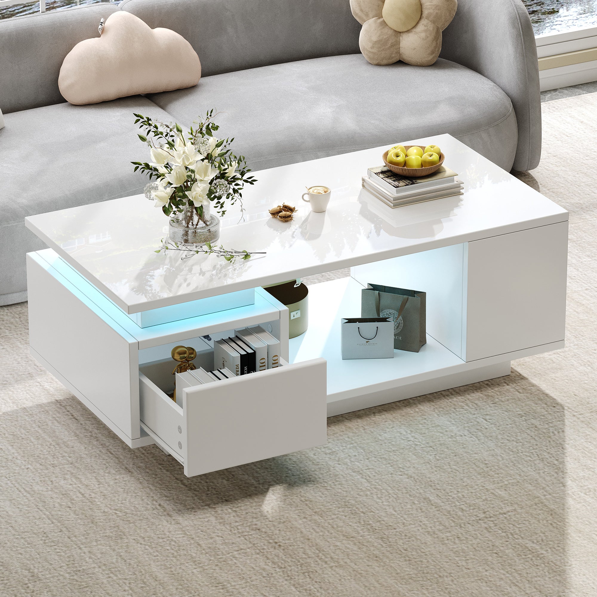 High-Gloss Coffee Table – LED Lights, Drawer & Open Storage