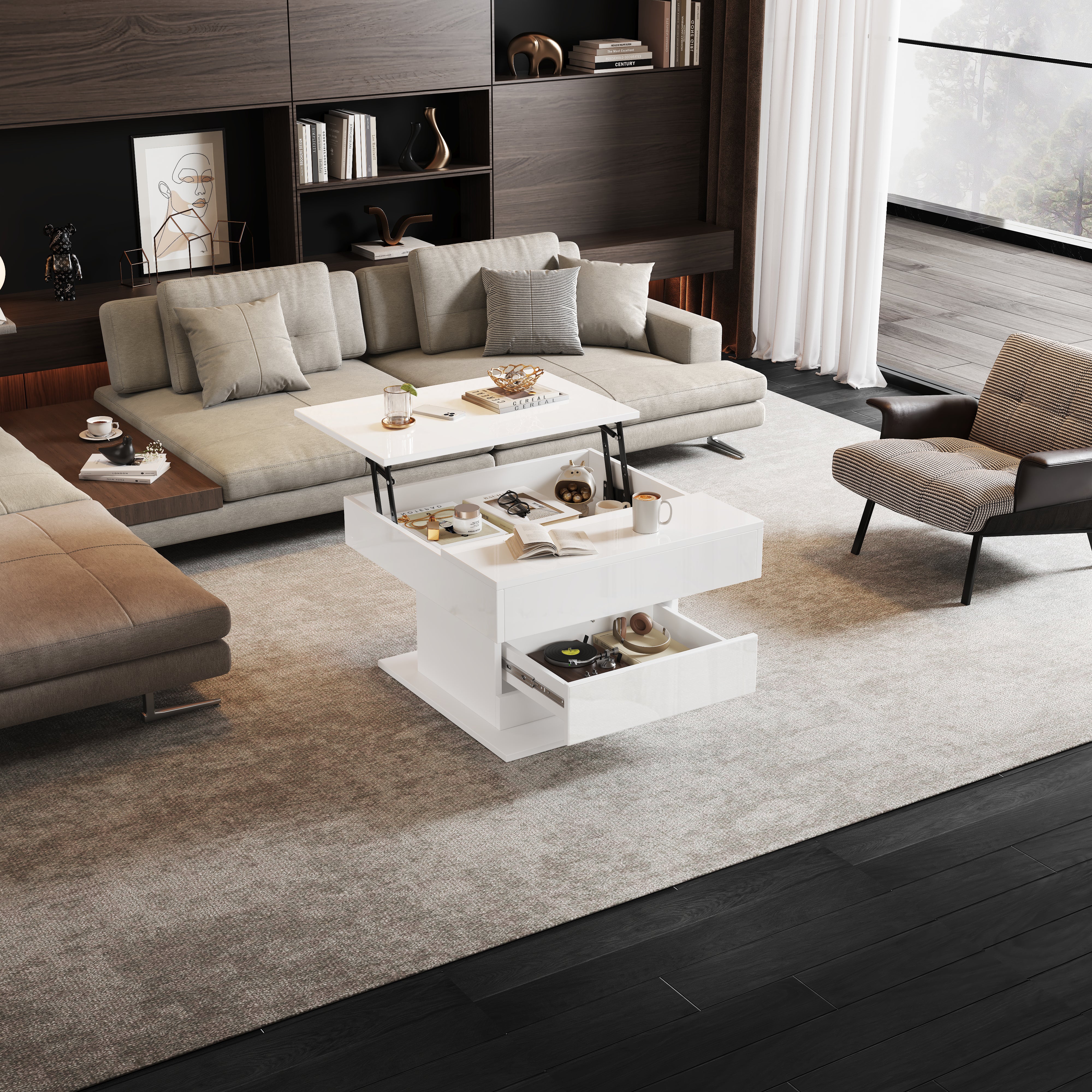 360° Rotating Lift-Top Coffee Table – High-Gloss with Drawer