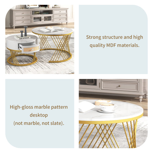 2-in-1 Round Coffee Table Set – Marble Effect Top, Rattan Drawers & Gold Legs