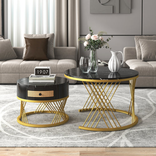 2-in-1 Round Coffee Table Set – Marble Effect Top, Rattan Drawers & Gold Legs